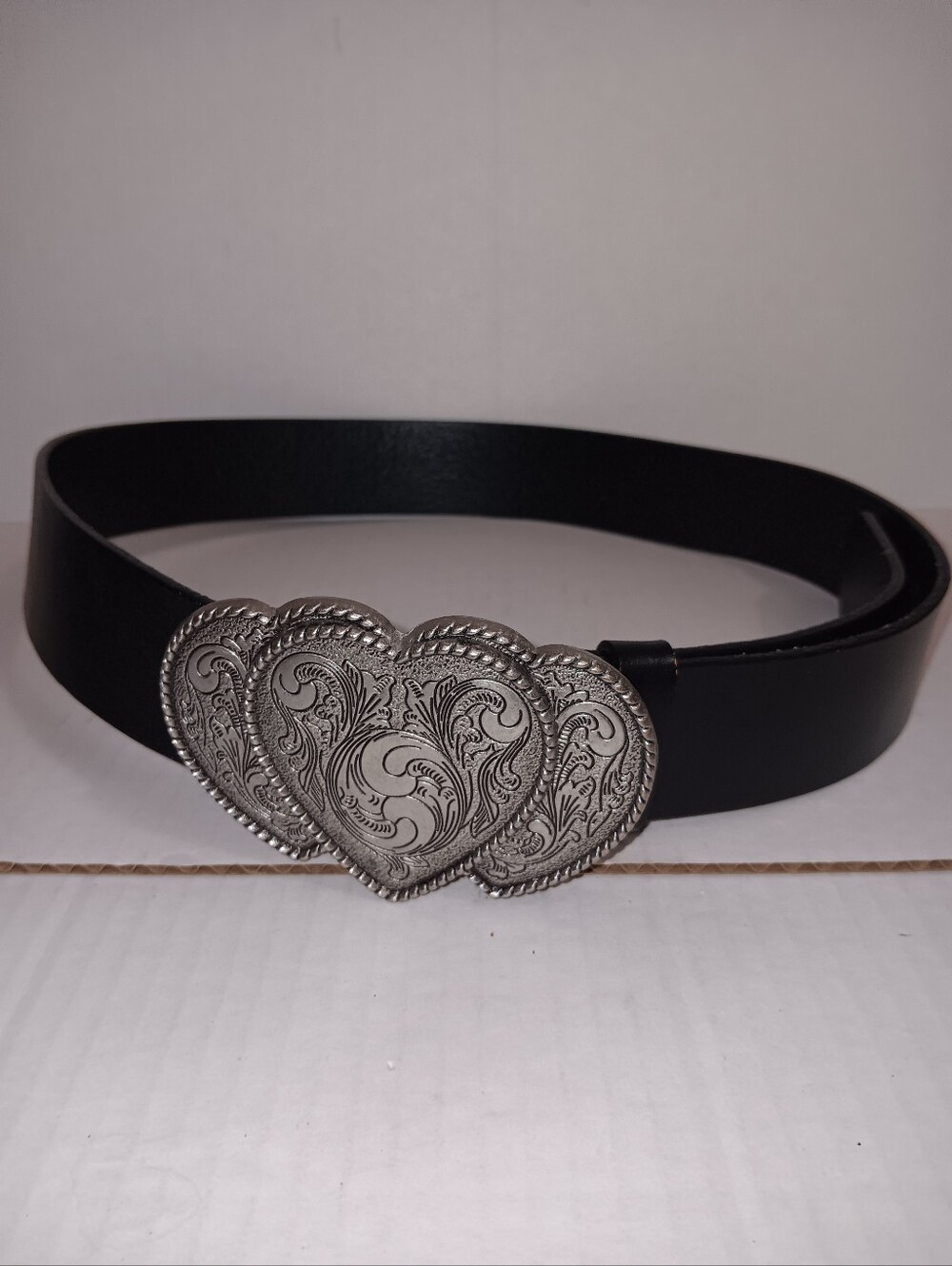 Women's Black Faux Leather Belt With Triple Heart Silver Tone Buckle